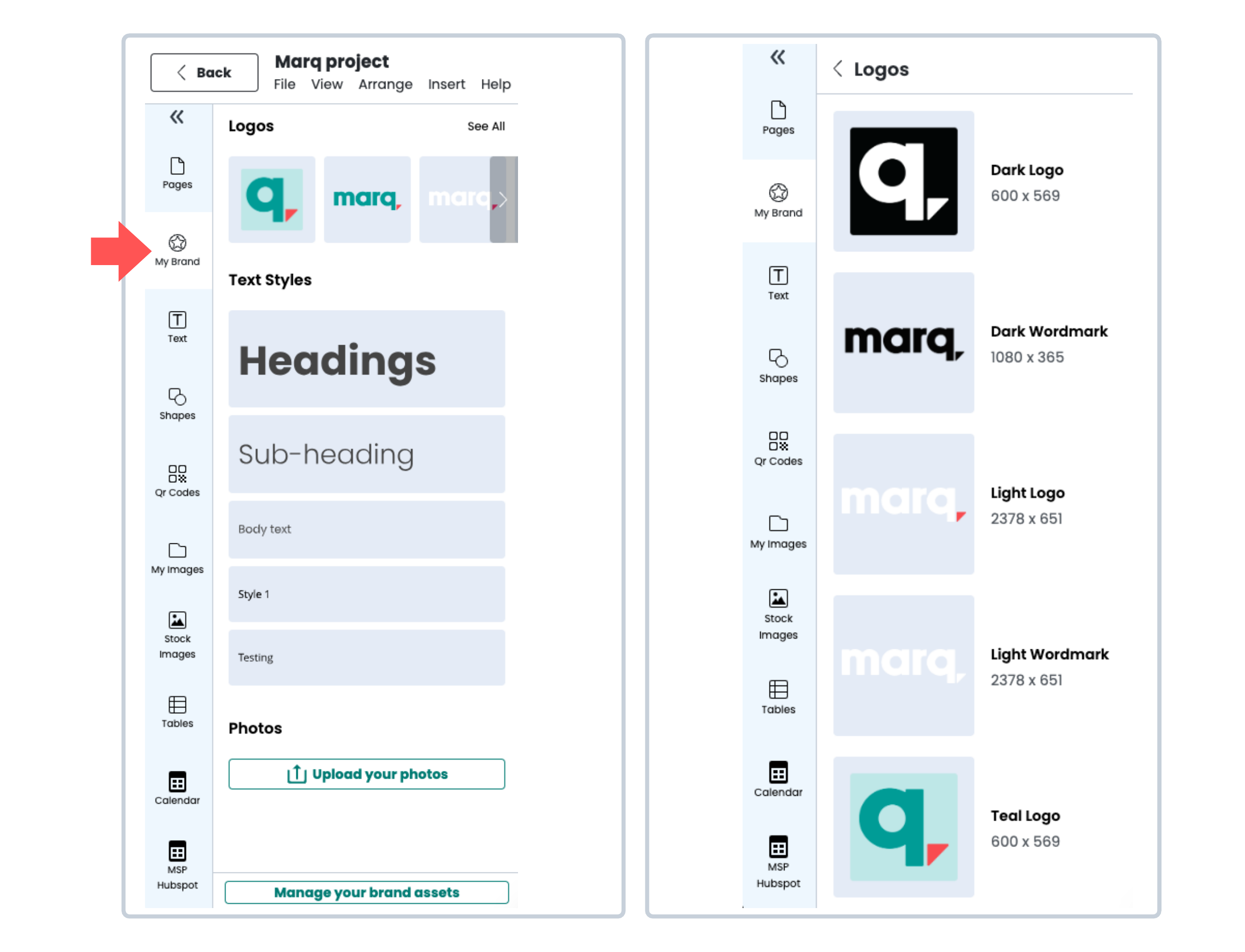 Brand assets tab in the editor